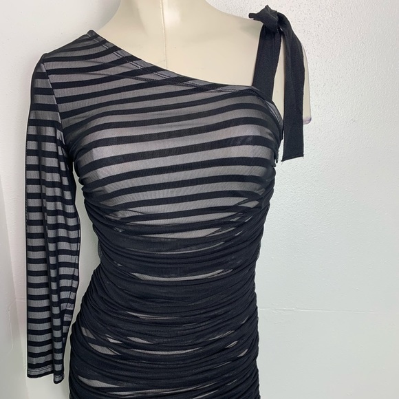 BCBGMAXAZRIA Black Striped Mesh Overlay Cocktail Dress size Small - Picture 2 of 5